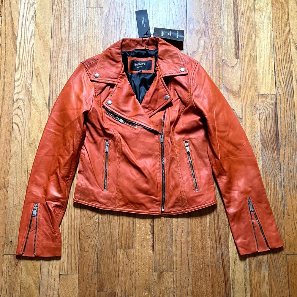 NFINITY Orange Leather Jacket Asymmetrical Zipper Moto Style